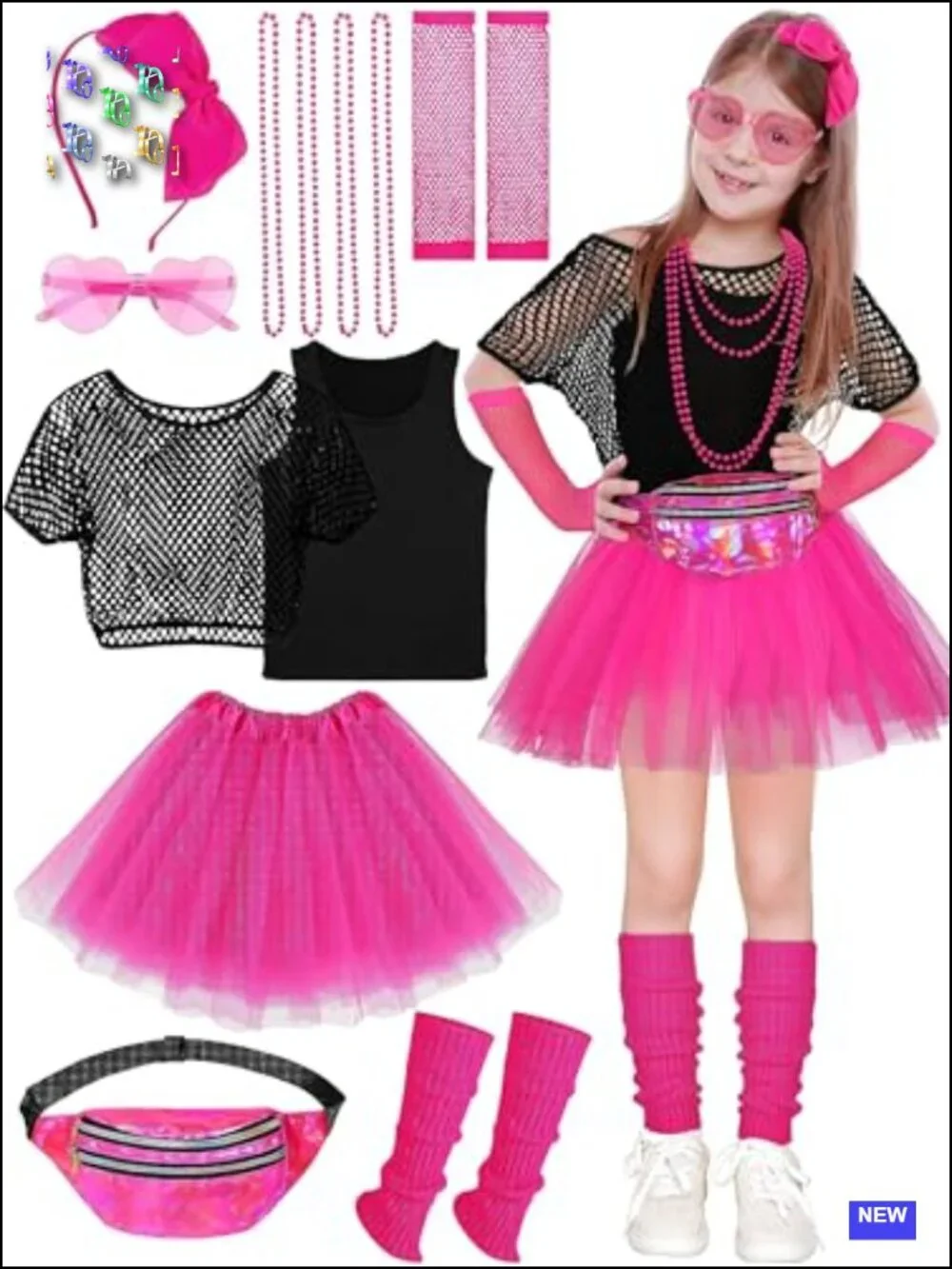 Girls 80s Costume Set Cotton Fishnet Tutu Skirt Leg Warmers